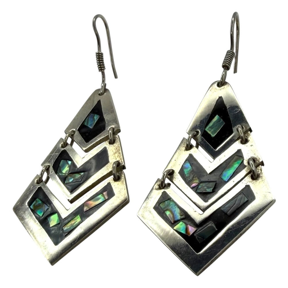 Mexican Earrings Sterling Silver Abalone Inlay TC-277 MEX 925 Chevron Dangle